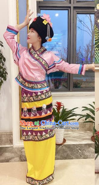 Chinese Wa Minority Woman Garment Costumes Yunnan Ethnic Folk Dance Clothing Traditional Va Nationality Festival Dress Outfits