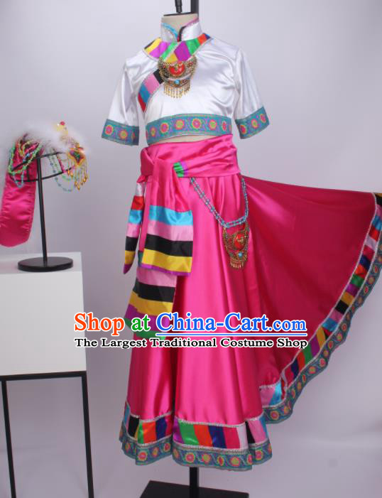 Chinese Ethnic Girl Dance Costumes Zang Nationality Stage Performance Rosy Dress Outfits Tibetan Minority Children Dance Clothing