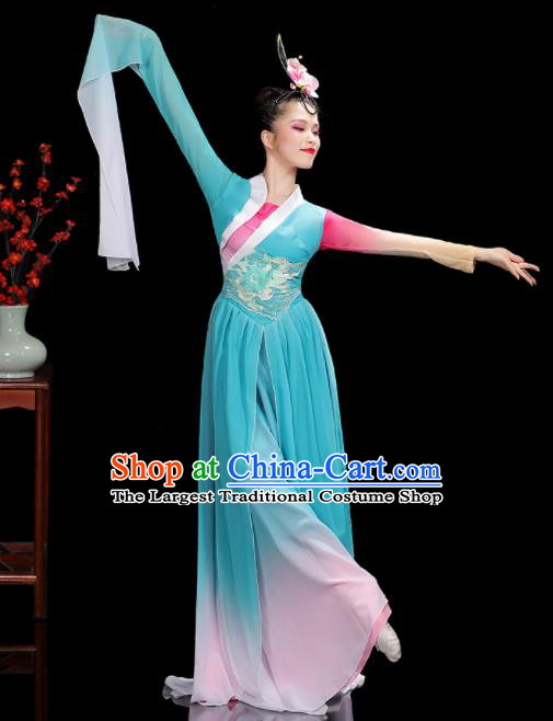 China Woman Performance Clothing Classical Dance Garment Costumes Umbrella Dance Dress Jinghong Dance Blue Outfits