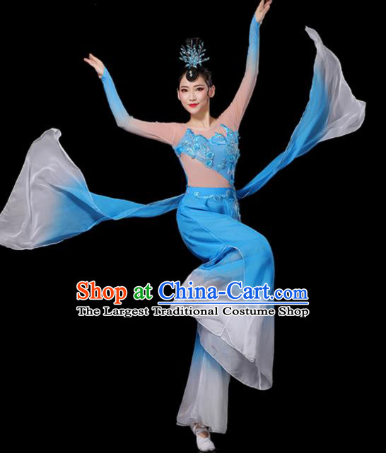 Chinese New Year Drum Dance Costumes Yangko Performance Apparels Folk Dance Clothing Traditional Fan Dance Blue Outfits