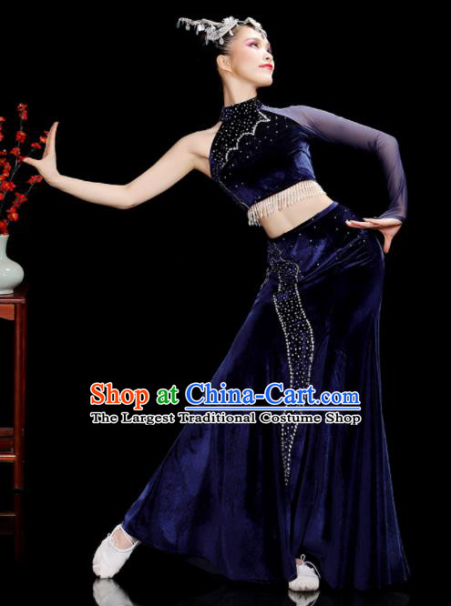 Chinese Dai Nationality Stage Performance Navy Velvet Dress Outfits Tai Minority Peacock Dance Clothing Yunnan Ethnic Female Dance Costumes