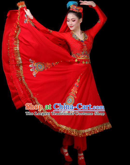 Chinese Uyghur Minority Folk Dance Clothing Xinjiang Ethnic Performance Costumes Uighur Nationality Female Dance Red Dress Outfits