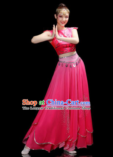 Chinese Uyghur Nationality Dance Rosy Dress Outfits Xinjiang Minority Folk Dance Clothing Uighur Ethnic Festival Performance Costumes