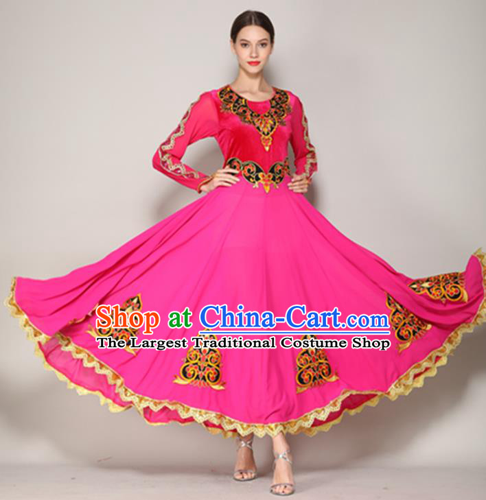 Chinese Ethnic Garment Costume Uyghur Nationality Stage Performance Rosy Dress Xinjiang Uighur Minority Dance Clothing