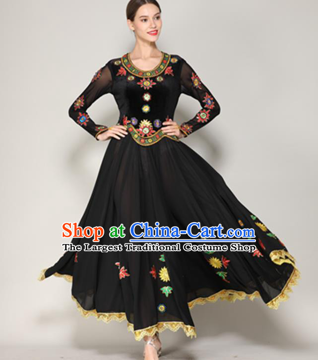 Chinese Uyghur Nationality Stage Performance Black Dress Xinjiang Uighur Minority Dance Clothing Ethnic Garment Costume