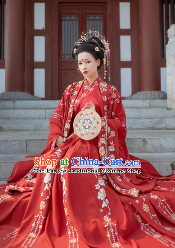 China Han Dynasty Royal Princess Historical Clothing Ancient Wedding Garment Costumes Traditional Court Beauty Embroidery Red Hanfu Dresses