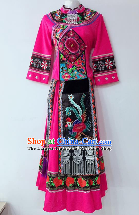 Chinese Yi Ethnic Group Female Garment Costumes Sichuan Nationality Festival Dress Tujia National Minority Wedding Rosy Uniforms