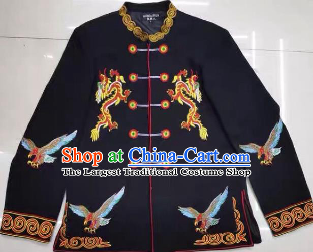 China Ethnic Costume Yi Minority Male Outer Garment Sichuan Nationality Dance Embroidered Black Jacket