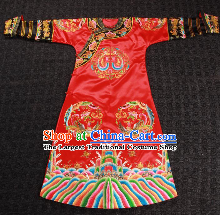 China Ancient Manchu Empress Red Dress Qing Dynasty Queen Embroidered Garment Costumes Traditional Wedding Female Attire