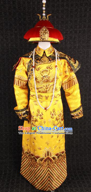 China Qing Dynasty Emperor Uniforms Ancient Royal Monarch Garment Costumes Traditional Embroidered Yellow Robe Clothing and Hat