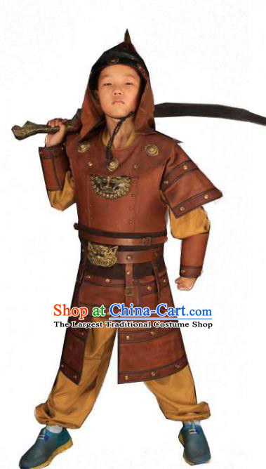 China Song Dynasty General Uniforms Ancient Children Warrior Garment Costumes Traditional Drama Kid Yue Fei Brown Armor Clothing and Hat