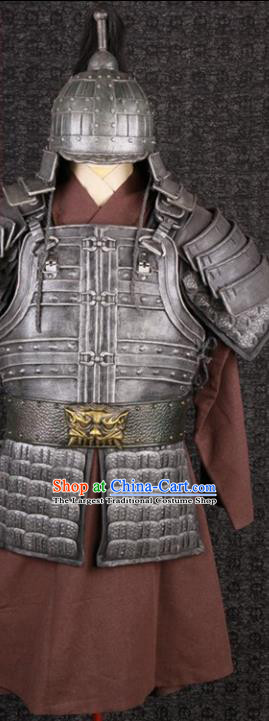 China Traditional Drama Children Warrior Clothing Ming Dynasty General Grey Armor Uniforms Ancient Soldier Garment Costumes and Headdress