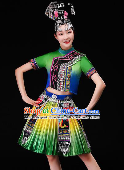 Chinese Miao Nationality Female Performance Clothing Hmong Minority Folk Dance Garment Costumes Ethnic Dance Green Dress Outfits