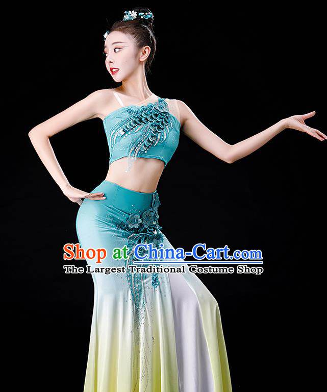 Chinese Yunnan Folk Dance Garment Costumes Ethnic Peacock Dance Blue Dress Outfits Dai Nationality Female Performance Clothing