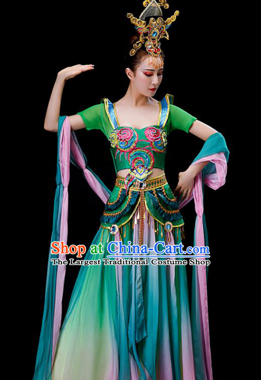 China Dunhuang Flying Fairy Dance Garment Costumes Goddess Dance Clothing Stage Performance Fashion Uniforms Classical Dance Green Dress