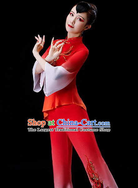 Chinese Traditional Drum Dance Garment Costumes New Year Yangko Dance Clothing Fan Dance Square Performance Apparels Folk Dance Red Chiffon Uniforms