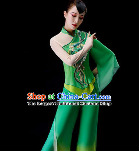 Chinese Folk Dance Green Chiffon Uniforms Traditional Women Square Performance Garment Costumes New Year Yangko Dance Clothing Fan Dance Apparels