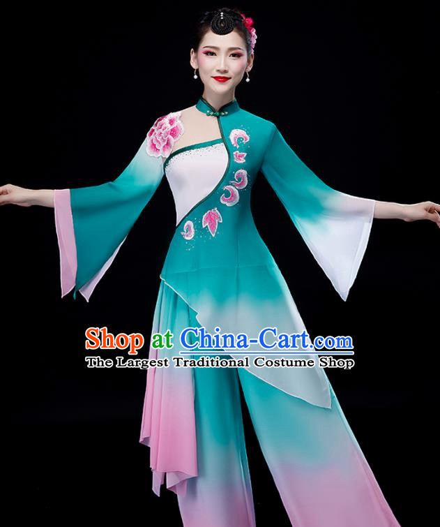 China Umbrella Dance Clothing Stage Performance Fashion Uniforms Classical Dance Green Chiffon Dress Palace Fan Dance Garment Costumes