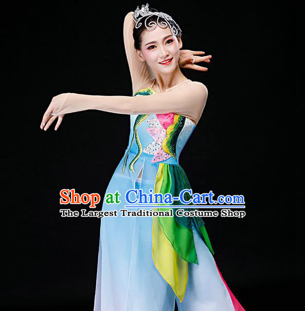 China Classical Dance Blue Dress Jasmine Flower Dance Garment Costumes Jiangnan Umbrella Dance Clothing Stage Performance Fashion Uniforms