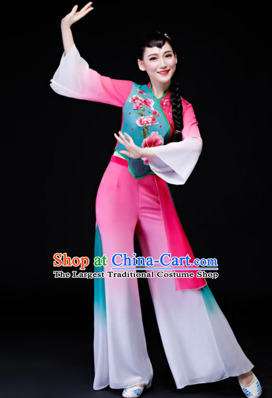 Chinese Yangko Performance Clothing Fan Dance Apparels Folk Dance Pink Uniforms Traditional Flower Drum Dance Garment Costumes