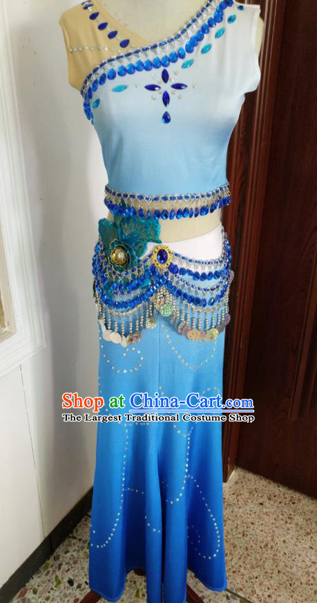 Chinese Ethnic Festival Peacock Dance Blue Dress Outfits Dai Nationality Female Clothing Yunnan Minority Folk Dance Garment Costumes