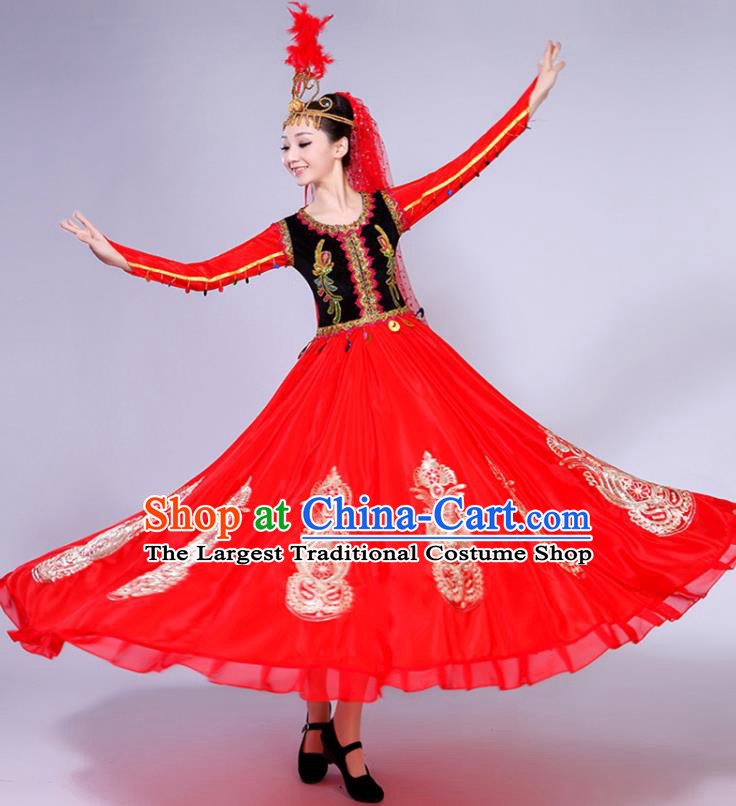 Chinese Xinjiang Ethnic Young Lady Red Dress Outfits Uyghur Nationality Performance Clothing Spring Festival Gala Opening Dance Garment Costumes