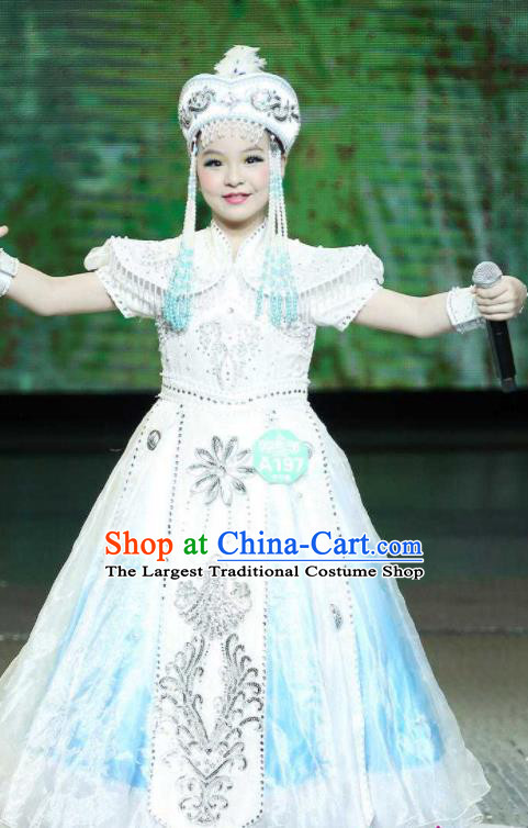 Chinese Mongolian Minority Girl Festival Dress Outfits Mongol Nationality Children Performance Clothing Ethnic Folk Dance Garment Costumes and Tassel Hat