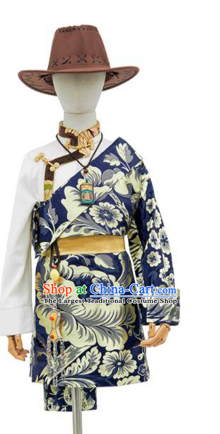 Chinese Traditional Blue Brocade Tibetan Robe Ethnic Boys Performance Costume Zang Nationality Kid Solo Clothing