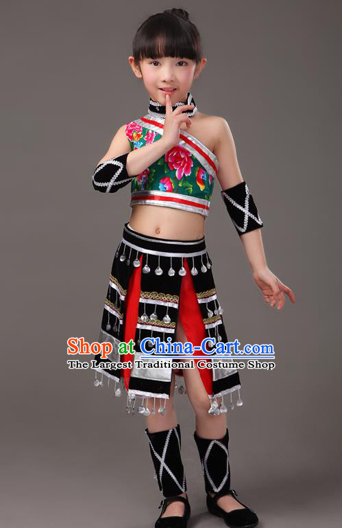 Chinese Traditional Yunnan Ethnic Girl Clothing Va Minority Stage Performance Costumes Yao Nationality Folk Dance Black Skirt Outfits