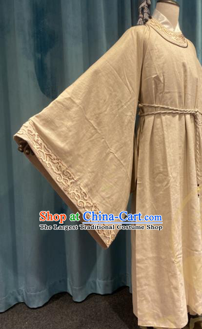 China Ancient Scholar Beige Flax Robe Drama Da Ming Feng Hua Zhu Yawen Clothing Ming Dynasty Young Male Garment Costumes