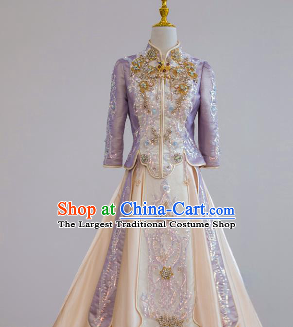 Chinese Traditional Wedding Garment Costumes Ancient Bride Lilac Dress Classical Xiuhe Suits Ceremony Toasting Clothing