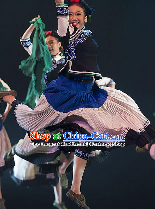 Chinese Ethnic Stage Performance Dress Uniforms Xiangxi Minority Female Garment Costumes Tujia Nationality Folk Dance Clothing