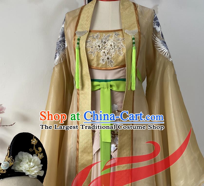 Chinese Woman Group Hanfu Dance Clothing Classical Dance Garment Costumes Stage Performance Li Bai Golden Dress Outfits