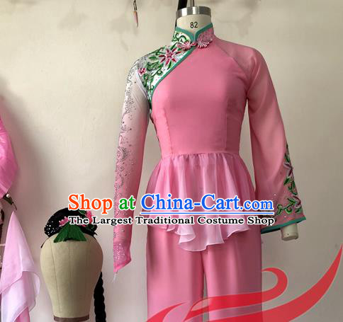 China Woman Group Dance Apparels Jiaozhou Yangko Dance Pink Uniforms Fan Dance Costumes Folk Dance Outfits