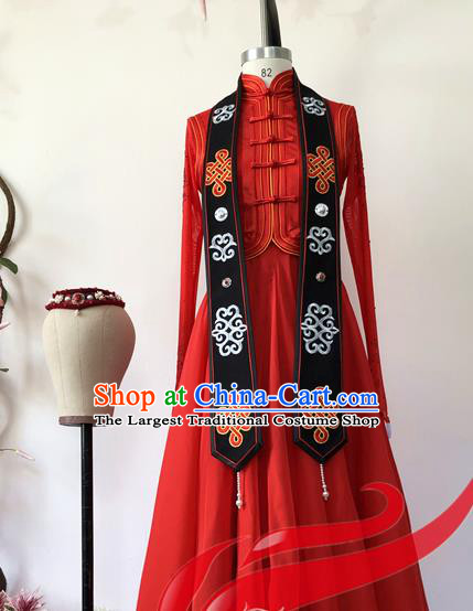 Chinese Mongolian Nationality Woman Solo Dance Clothing Ethnic Dance Red Dress Uniforms Mongol Minority Performance Garment Costumes