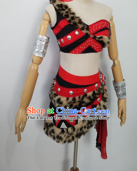 China Folk Dance Red Outfits Woman Group Dance Apparels Hunting Dance Uniforms Drum Dance Costumes