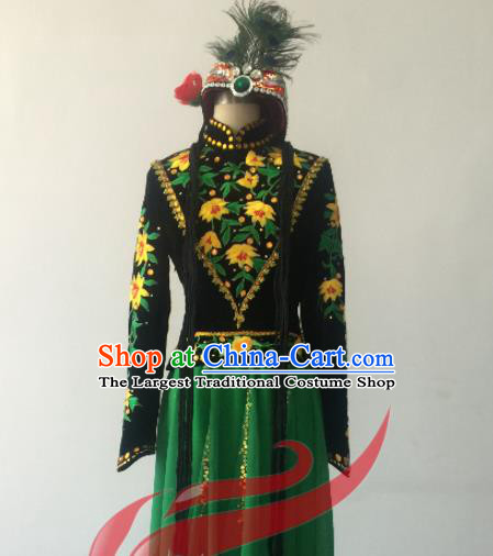 Chinese Uyghur Nationality Folk Dance Clothing Ethnic Female Dance Green Dress Uniforms Xinjiang Minority Performance Costumes