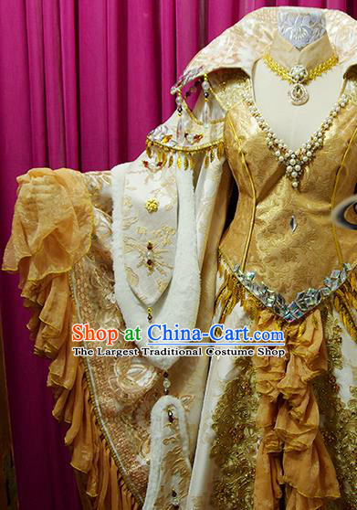 China Traditional Puppet Show Goddess Garment Costumes Ancient Empress Clothing Cosplay Fairy Queen Golden Dress Outfits