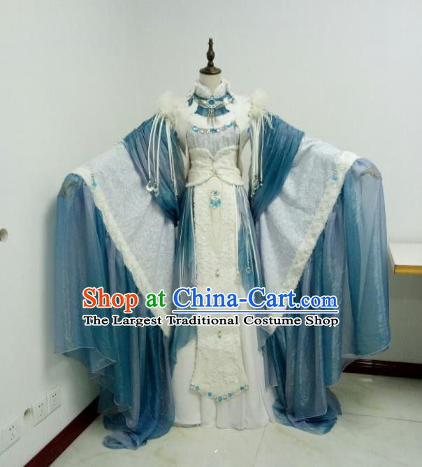 China Traditional Puppet Show Queen Ji Wuxia Garment Costumes Ancient Empress Clothing Cosplay Goddess Blue Dress Outfits