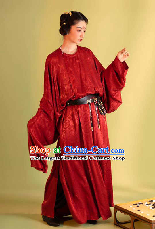 China Ancient Woman Hanfu Dress Traditional Tang Dynasty Red Round Collar Robe Uniforms Swordsman Historical Clothing