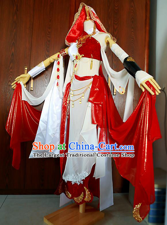 Top Chinese Traditional Game Role Heroine Red Dress Apparels Cosplay Female Warrior Garment Costumes Ancient Swordswoman Clothing