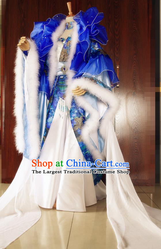 Top Chinese Cosplay Fox Queen Garment Costumes Ancient Fairy Clothing Traditional Puppet Show Empress Jun Haitang Blue Dress Apparels