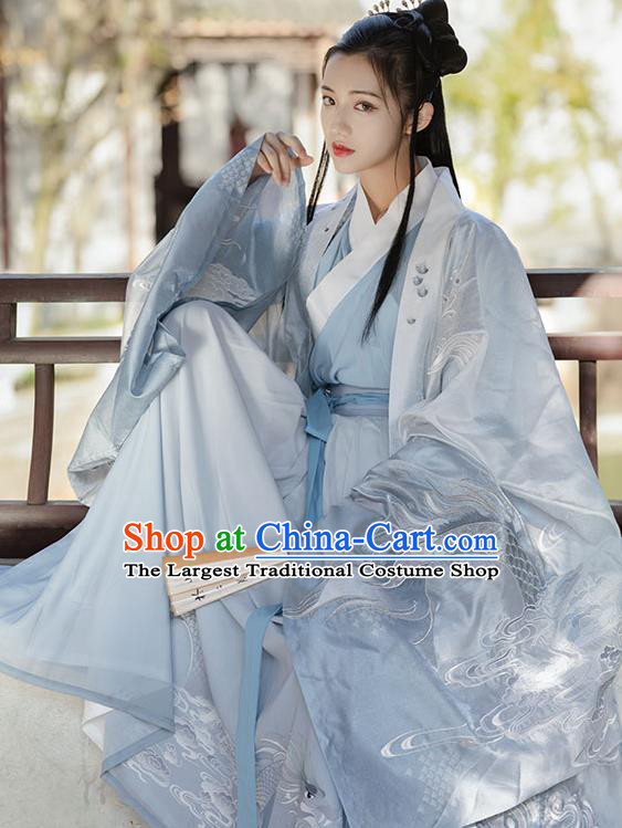 China Jin Dynasty Noble Childe Historical Clothing Traditional Embroidered Blue Hanfu Apparels Ancient Swordsman Garment Costumes