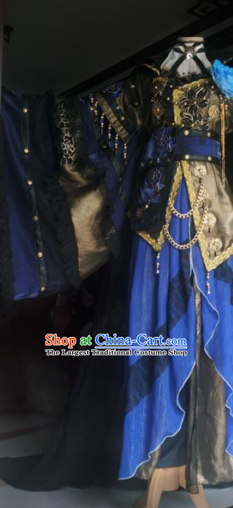 China Traditional Puppet Show Demon King Garment Costumes Cosplay Swordsman Apparels Ancient Royal Highness Blue Robe Clothing