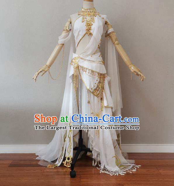 China Ancient Goddess White Dress Outfits Traditional JX Online Swordswoman Clothing Cosplay Fairy Garment Costumes