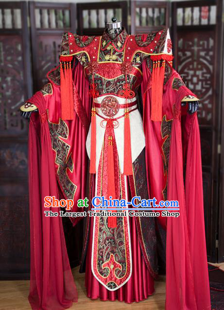 China Ancient Demon King Garment Costumes Traditional Puppet Show Emperor Uniforms Cosplay Swordsman Red Hanfu Clothing