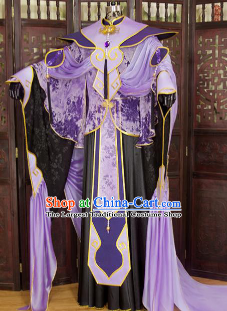 China Traditional Puppet Show Swordsman Purple Uniforms Cosplay Taoist Priest Hanfu Clothing Ancient Chivalrous Knight Garment Costumes