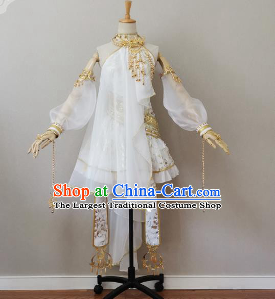 China Ancient Young Lady White Short Dress Outfits Traditional JX Online Female Swordsman Clothing Cosplay Fairy Garment Costumes