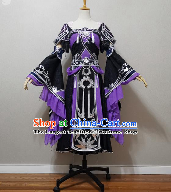 China Traditional JX Online Swordswoman Clothing Cosplay Heroine Garment Costumes Ancient Young Lady Black Dress Outfits