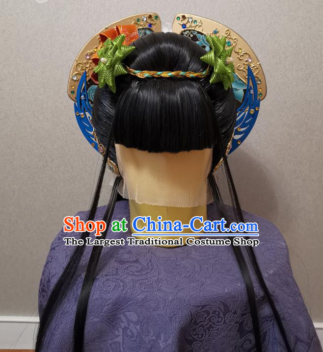 China Ancient Imperial Consort Wigs and Hairpins Headpieces Traditional Puppet Show Huan Ji Hair Accessories Cosplay Young Beauty Headdress